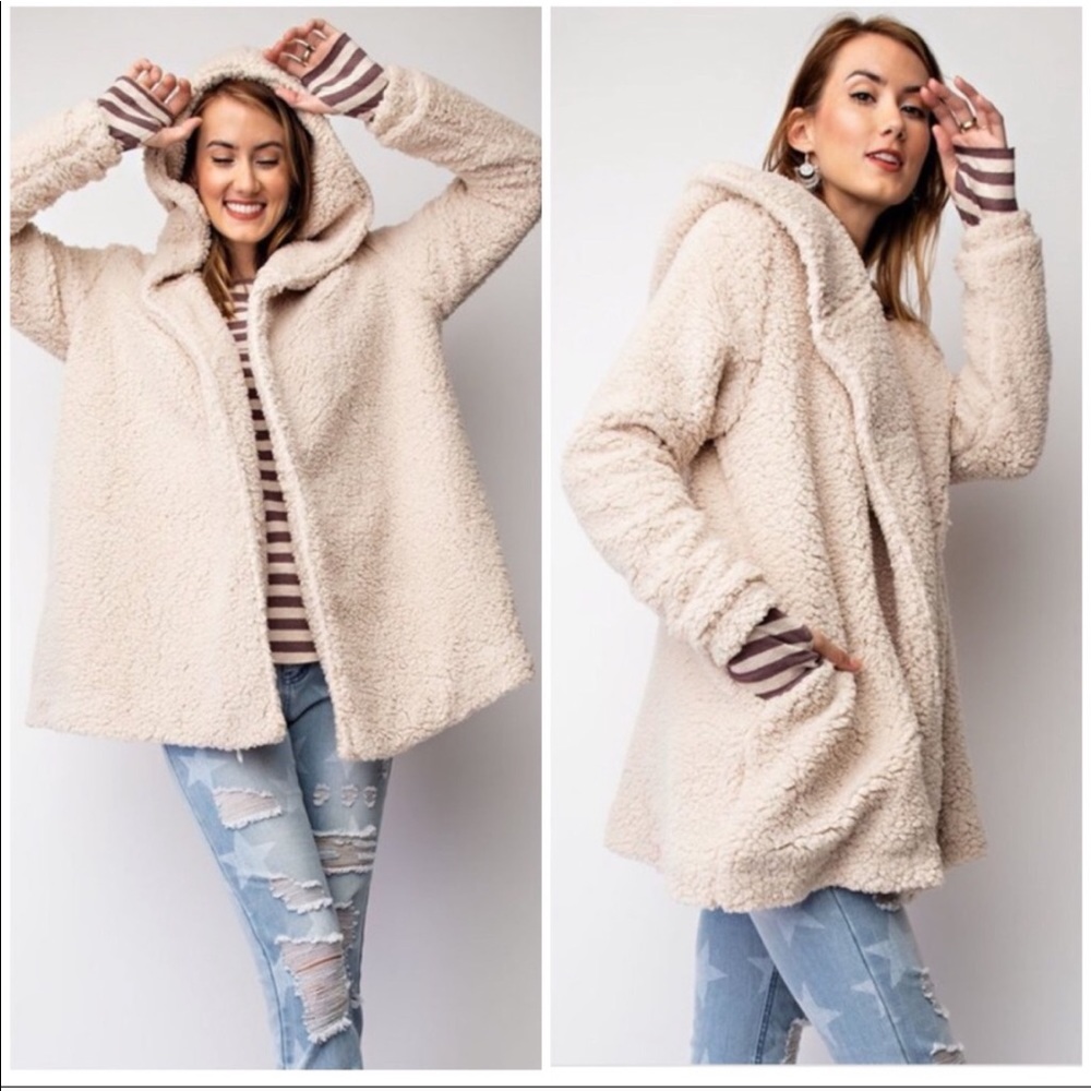 OVERSIZED faux fur lining jacket OATMEAL- hoodie